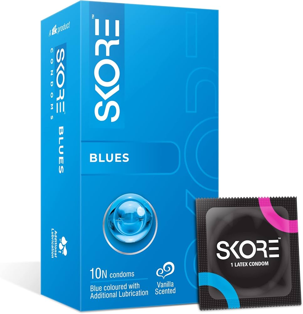 Skore Blues Condoms - Blue Coloured & Vanilla Scented (Pack of 10)