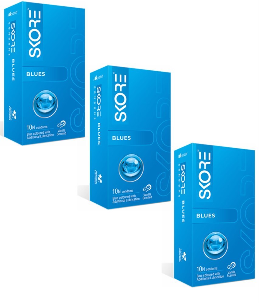 Skore Blues Condoms - Blue Coloured & Vanilla Scented (Pack of 10)