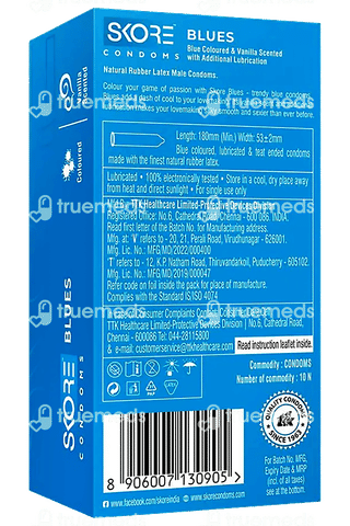Skore Blues Condoms - Blue Coloured & Vanilla Scented (Pack of 10)